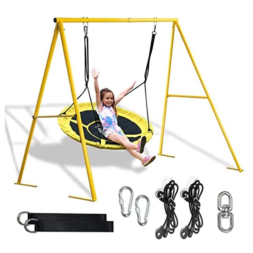 440lbs Swing Set-43” Saucer Tree Swing&71” High A Frame Swing Stand Heavy Duty,All Weather Resistance,Durable&Sturdy Textiline &Powder-Coated Tubes,Suit Kids Backyard Outdoor (Yellow)