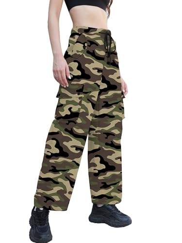 Image of Betusline Girls & Women's High Waist Wide Leg Cargo Pants Y2K Parachute Pants with Pockets and Drawstring 6 Years-Women 2XL