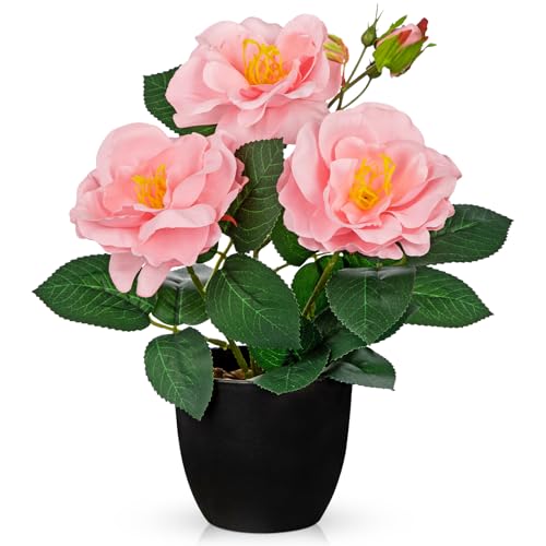 Hollyone Artificial Plants & Flowers with Vase Dark Pink Roses Artificial Flowers Small Potted Plant Faux Silk Flower with Black Pot Fake Rose Flower Arrangement Office Shelf Desk Home Decor 11 Inch