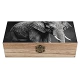 FekiLoot Caja de almacenamiento de madera con imagen de elefante en blanco y negro, multifuncional, con cierre frontal, cajas decorativas personalizadas de gran capacidad para guardar fotos y joyas