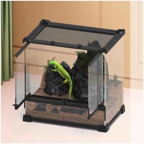 Reptile Terrarium Tank for Bearded Dragon, Lizard, Snake & Gecko - Ventilated Habitat with Tempered Glass Doors & Mesh Top, 20x20x30cm Reptile Lounge