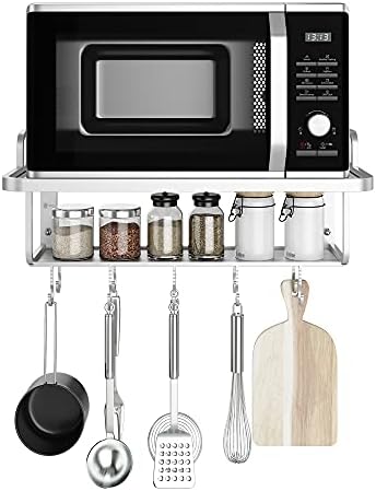 AcornFort K-101 2 Layers Silver Aluminum Alloy Microwave Bracket Oven Rack Stand Kitchen Shelf Holder Walll Mounted Hanging With 10 Hooks