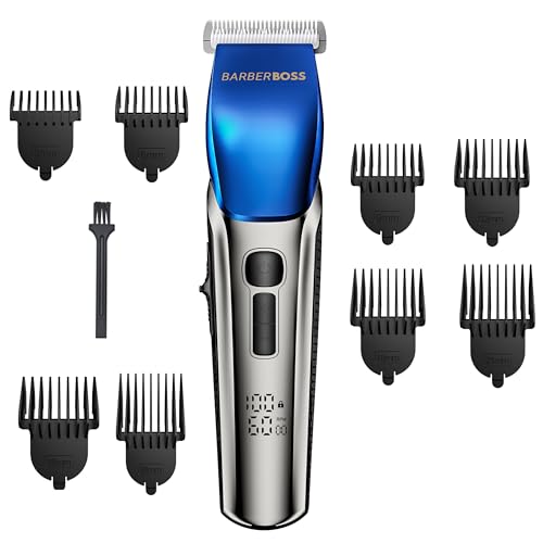 Kit profesional Barberboss: recortadora de barba impermeable en plateado y azul