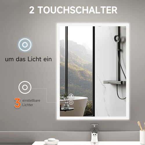 YOLEO Badspiegel mit Beleuchtung, LED Spiegel mit Bluetooth-Lautsprecher, Wandspiegel mit Steckdose, Badzimmerspiegel LED Beschlagfrei mit Touchschalter, 3 einstellbare Lichtfarbe, 80x60cm 6