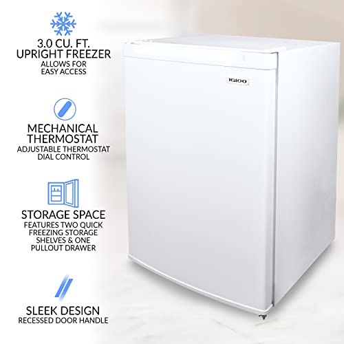 Igloo Cu.ft. Compact Upright Freezer With Storage Drawer, 2 Quick Freeze Shelves, Adjustable Thermostat, Perfect For Homes, Garages, Basements, 3.0 Cu. Ft #TOP1