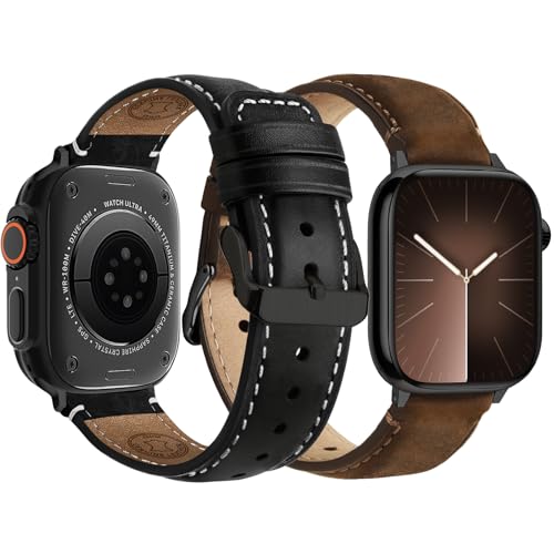 Fullmosa Leather Band Compatible with Apple Watch Bands 49mm 46mm 45mm 44mm 42mm,Top Grain Leather iWatch Straps for Apple Watch Ultra SE Series 11 10 9 8 7 6 5 4 3 2 1,Coffee+Black/Black+Black by Fullmosa - Used condition - US$12.93