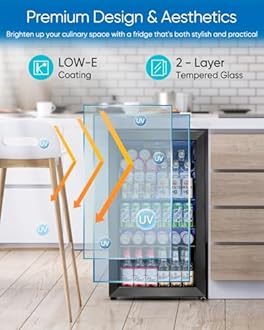 Feelfunn 3.2 Cu.Ft Mini Fridge with Glass Door - 126 Can Beverage Refrigerator Cooler for Drink Beer Wine Soda, Small Fridge for Bedroom Office Bar Dorm, 4 Adjustable Shelves, Black