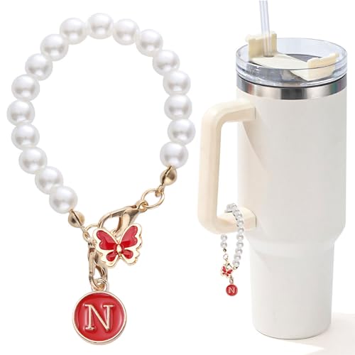 LUHOHI Accessories for Stanley Cup Pearl Chain Initial Accessoriess for Handle Stuff Decor Water Bottle Jewelry Tumbler Cute Simple Modern Personalized Name ID Decorations Letter Red Tag N