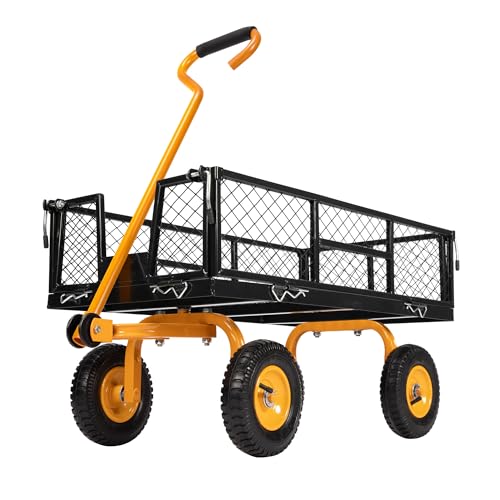 Image of VIVOHOME Heavy Duty 550 Lbs Capacity Mesh Steel Garden Cart Folding Utility Wagon with Removable Sides (Black), VH1218US-BK