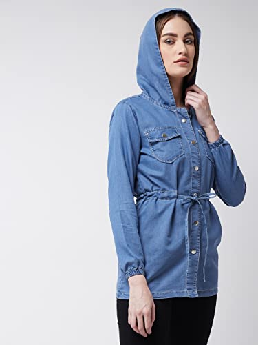 Image of Miss Chase Women's Polo Neck Full Sleeves Patch Pocket Denim Overcoat Knee-Length Jacket