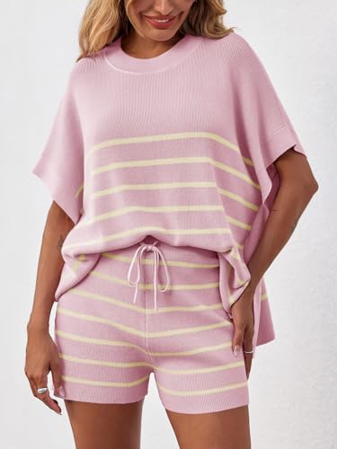 Fisoew Women\'s Striped 2 Piece Outfits Oversized Batwing Short Sleeve Tops High Waisted Shorts Summer Knit Lounge Short Sets Pink