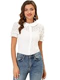 Allegra K Damen Spitze Durchsichtig Bestickt Oberteil Hemd Kurzarm Bubikragen Top Bluse Weiß S