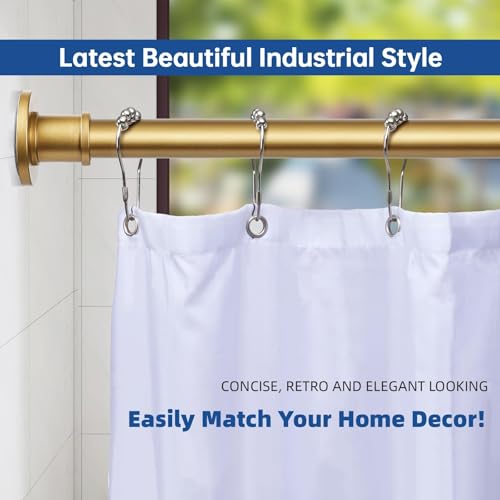 Image of BRIOFOX Industrial Shower Curtain Rod - Rustproof Non-Slip 43-72 Inches Tension Curtain Rod for Window or Bathroom,Frosted Gold Painted Finial