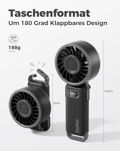 Diveblues - Handventilator Akku Aufladbar - 100 Stunfen Mini Ventilator Leistungsstarker Luftstrom mit Turbo-Technologie, 4 in 1 Tragbarer Ventilator 180° Faltbarer Bis zu 12 Stunden Kühlung 4
