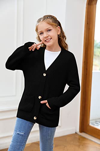 Bbalizko Girls Open Front Chunky Knit Cardigan Sweater Buttons V Neck Long Sleeve Kids Outwear With Pockets 4-13 Years Black #TOP3