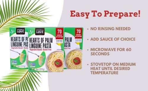Kitchen & Love Hearts Of Palm Linguine, Low Carb, Low Calories, Plant Based, Non Gmo, Gluten Free Pasta Alternative, Vegan, Easy To Prepare, Quick Meal 8 Oz (Pack Of 3) #TOP3