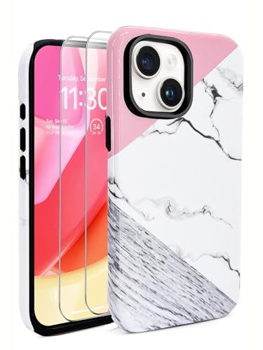 J.west for iPhone 13 Case,iPhone 14 Case 6.1" with 2 Tempered Glass Screen Protectors, Geometric Marble Design Heavy Duty 2in1 Hybrid Cover for Girls Women Protective Phone Cases White Pink