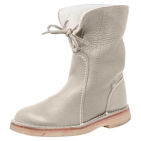 TUQIDEWU Winter Boots for Women Waterproof Leather Boots for Women No Heel Warm Plush Snow Boots Lace-up Round Toe Flat Boots Cover