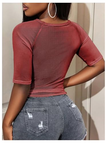 Image of RoseSeek Women's Sheer Mesh Letter Graphic Tees Short Sleeve Crew Neck Y2K Vintage Summer Going Out Crop Tops