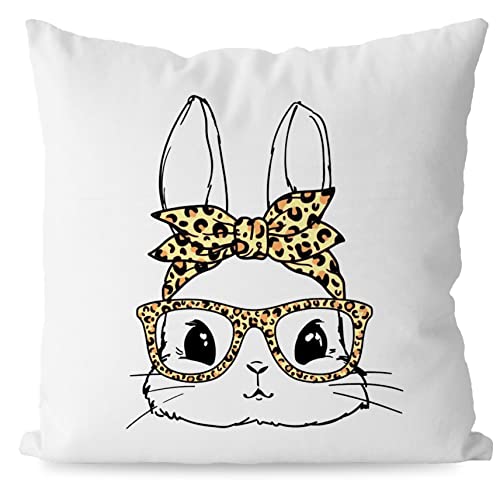 Keuspi Cute Bunny With Leopard Glasses And Bandana Decor Decorative Pillowcase Throw Pillow Cover 18X18 Inch,Easter Bunny Decor Decorations Pillow Cover For Home,Easter Gifts For Christian Kids Teens #TOP7