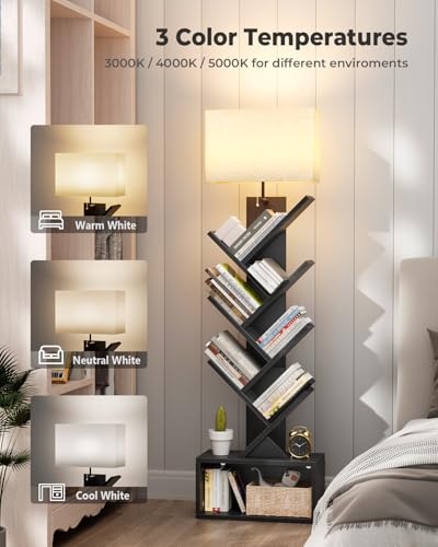 Evermagin 6 Tier Tree Bookshelf with Light, Small Bookcase Tower for Books/CDs/Movies, Sturdy Tall Floor Standing Book Organizer with Storage Cabinet for Living Room, Bedroom and Home Office (Black) - Thumbnail 3