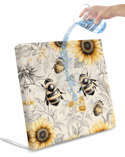 2 Pack Sunflowers Waterproof Cushion Covers with Ties, Outdoor Patio Chaise Lounge Chair Seat Cushion Slip Covers Replacement(Only Cover) Spring Farm Bees Garden Vintage 20