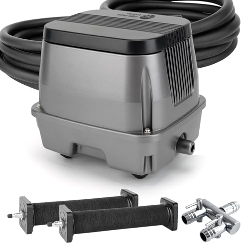 AquaMiracle Koi Pond Aerator Pond Air Pump for Outdoor Ponds 10000-15000 Gallons, All-in-One Aeration Kit with Self-Sinking Airline Flow Control Rubber Air Diffuser - Best Air Stones