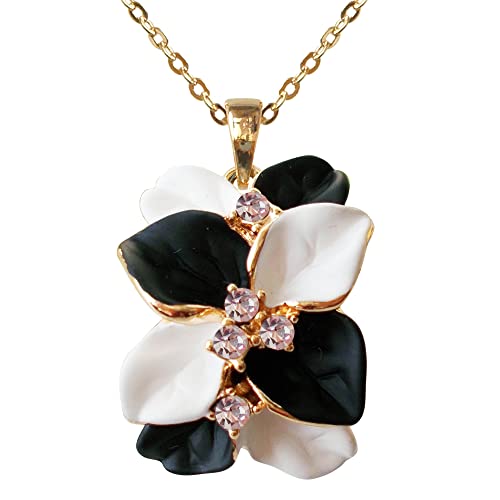 Navachi 18k Gold Plated Clear Crystal Black White Enamel Leaves Flower Pendant Az6070p Necklace 16"+2"