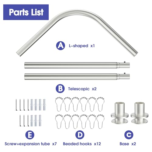 WELDUN L-Form Duschvorhangstange, verstellbar 68–96 cm × 68–96 cm, Edelstahl-Eck-Duschstange, wasserdicht und rostfrei, 90 Grad Gardinenstange, inklusive 12 Ringen, Schrauben Set