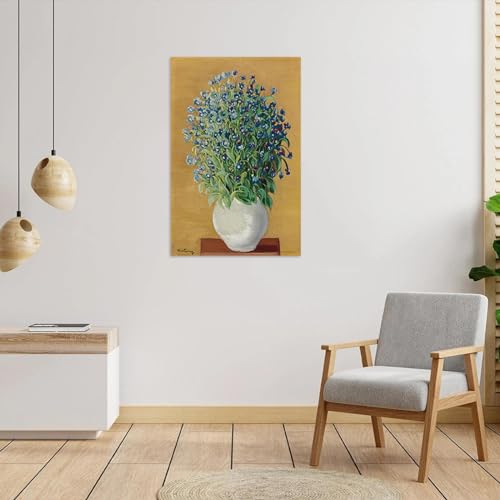 Tableau abstrait fleurs bleues grand format déco murale vintage toile