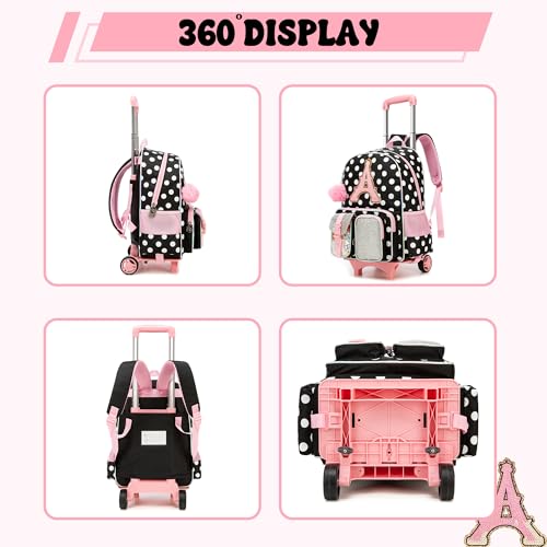 Image of HTgroce Cute Rolling Backpack for Girls Kids with Lunch Box & Pencil Case 3pcs Girls Rolling Backpacks for Elementary Middle School Bag with Wheels (Dot Letter A)