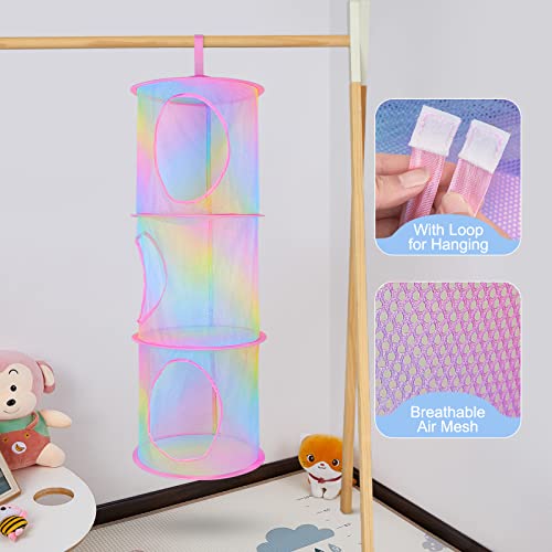 Fiobee Stuffed Animals Hammock Net Toy Storage 2 Pack Hanging Stuffed Animals Organizer Holder Mesh Toy Organizer With 3 Compartments For Girls Room Closet Kids Playroom, Rainbow #TOP3