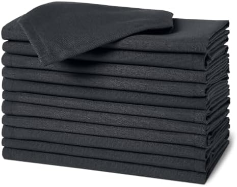 Amazon Basics Wiederverwendbare schmutzabweisende und knitterfreie Stoffservietten, 12er-Pack, 43 x 43 cm, Schwarz