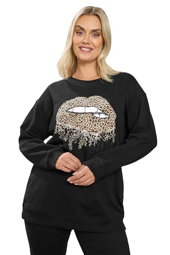 Image of Yours Curve Leopard Lips Sequin Embellished Sweatshirt - Women's - Plus Size Curve Black