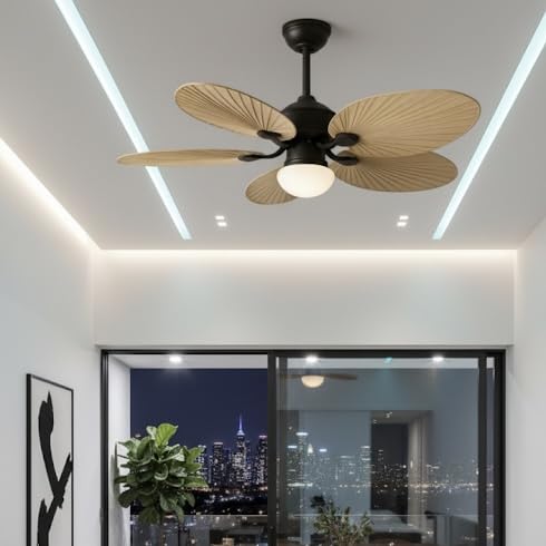 Image of 52 Inch Wind Palm Leaf Ceiling Fan with Light-Reversible Motion-Remote Control for Kitchen, Cafes, Hotels, Dining, Bar|Tan-Wooden with Lamp