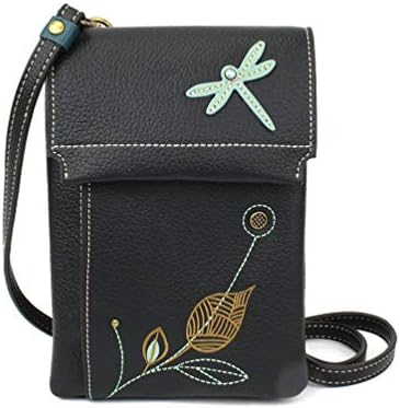 CHALA RFID CRISS Cell Phone Xbody Purse - Women Faux Leather Xbody Handbag with Adjustable Strap - Dragonfly - Black