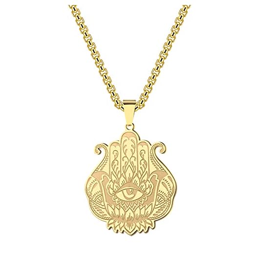 Hand Of Fatima halsband kvinnor män hamsa hänge rostfritt stål gravering onda ögat lotus tur berlock talisman amulett religion hednisk smycke gåva e rostfritt stål, colore: Guld