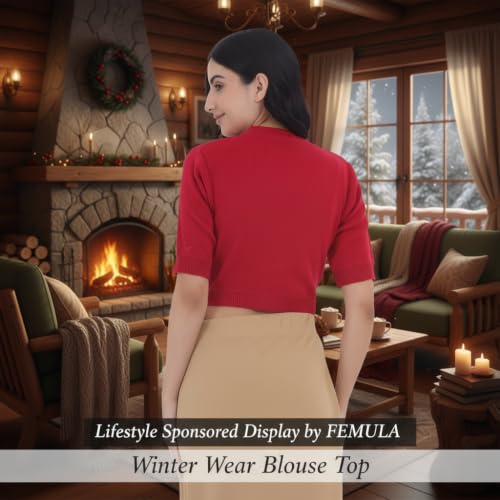 Image of Women Winter Wear V-Neck Half Sleeves Regular Fit Woollen Blouse