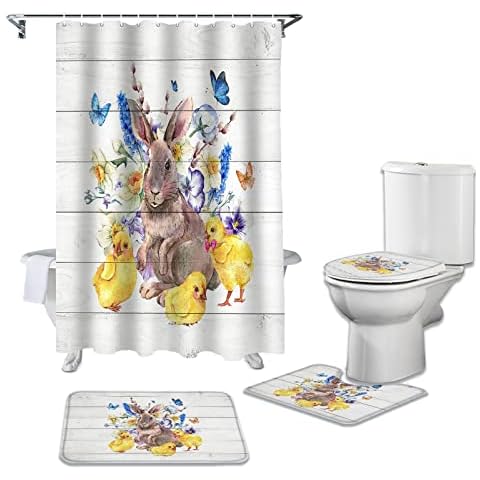 4 Pcs Shower Curtain Set With 12 Hooks Rabbit Chick Butterfly Rabbit Animal With Non-Slip Carpet Toilet Cover Bath Mat Durable Waterproof For Bathroom Decor Set Cover