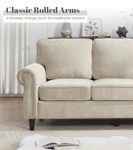 Image of Kingfun 3 Seater Couch, Mid Century Modern Sofa with Rolled Arms and Deep Seats, Fluffy Comfort for Living Room, Apartment, Easy Assembly, Khaki