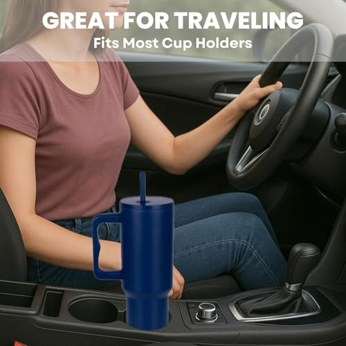 Image of Personalised with Your Name, 1200ml Tumbler with Straw-Handle-Stainless Steel Double Wall Insulated Cup | Leakproof Sipper Mug for Hot-Cold Drinks |Coffee - WaterTumbler (Navy Blue Custom)