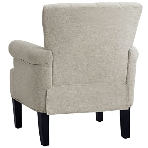 Accent Chair With Rivet Tufted Scroll Arm, Tufted Polyester Upholstery, Wood Legs, Cream For Bedroom And Living Room #TOP5