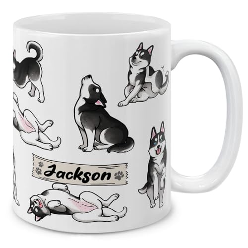 MUGBREW Personalized Coffee Mug with Your Name or Text, Customized Gifts For Christmas Birthday Anniversary, Ceramic 11 OZ Coffee Mug Tea Cup - Siberian Husky Funny Playful Postures Pattern