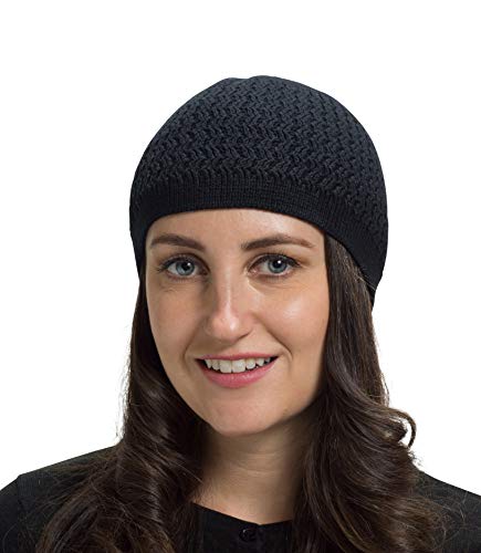 100% Natural Cotton Beanie Skull Cap | Lightweight Single Layer Crochet Cooling Sleep Chemo Caps | Zigzag And Ribbed Patterns (Zigzag - Black) #TOP1