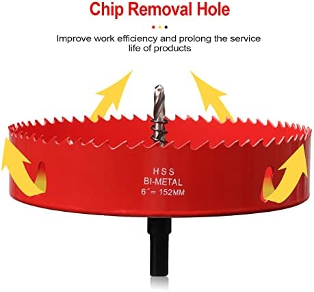 6 inch Hole Saw for Wood, 152mm Diameter HSS Bi-Metal Hole Cutter Circular Drill Bit for Plastic, Drywall, Plasterboard, Fiberglass and Vent Pipe, 3/8” Hex Shank — view 3