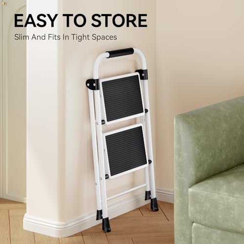KINGRACK 2 Step Ladder, Folding Step Stool with Anti-Slip and Wide Pedal, Lightweight Stepladder with Handrails, Portable for Kitchen, Household, White by KINGRACK - Image 7