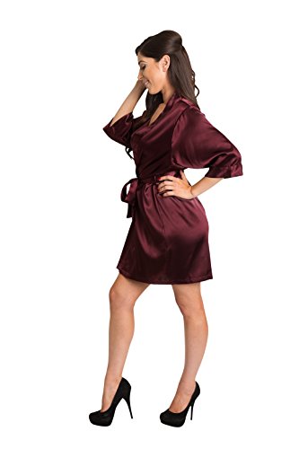 Zynotti Women's Rhinestone Mother Of The Bride Bridal Party Getting Ready Wedding Kimono Wine Burgundy Satin Robe - L/Xl #TOP4
