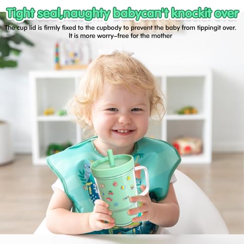 Avalessia Baby Straw Cups for Toddlers 1-3 with Silicone Straw and Handle, 8oz Spill Proof and Heat Proof,BPA Free Dishwasher Safe Mini Stanley Style Cup with Cartoon Stickers for Kids (Mint green) — view 3