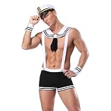 KOPLOGUN Herren Sexy Unterwäsche Matrosenkostüm Männer Erwachsene Cosplay Sexy Dessous Set mit Shorts Mütze Hosenträgern Manschetten und Kragen Seemann Uniform Reizwäsche Matrose Rollenspiel Outfits