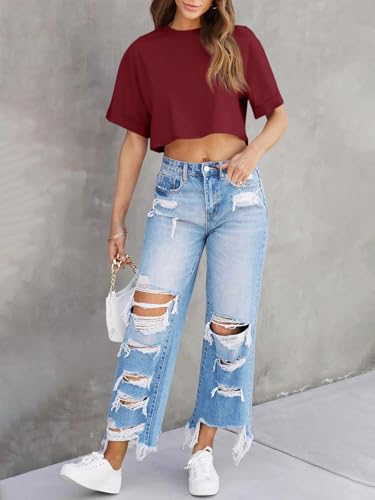 Image of Tankaneo Women Crop T-Shirts Half Sleeve Drop Shoulder Cropped Tops Y2K Casual Summer Basic Tees